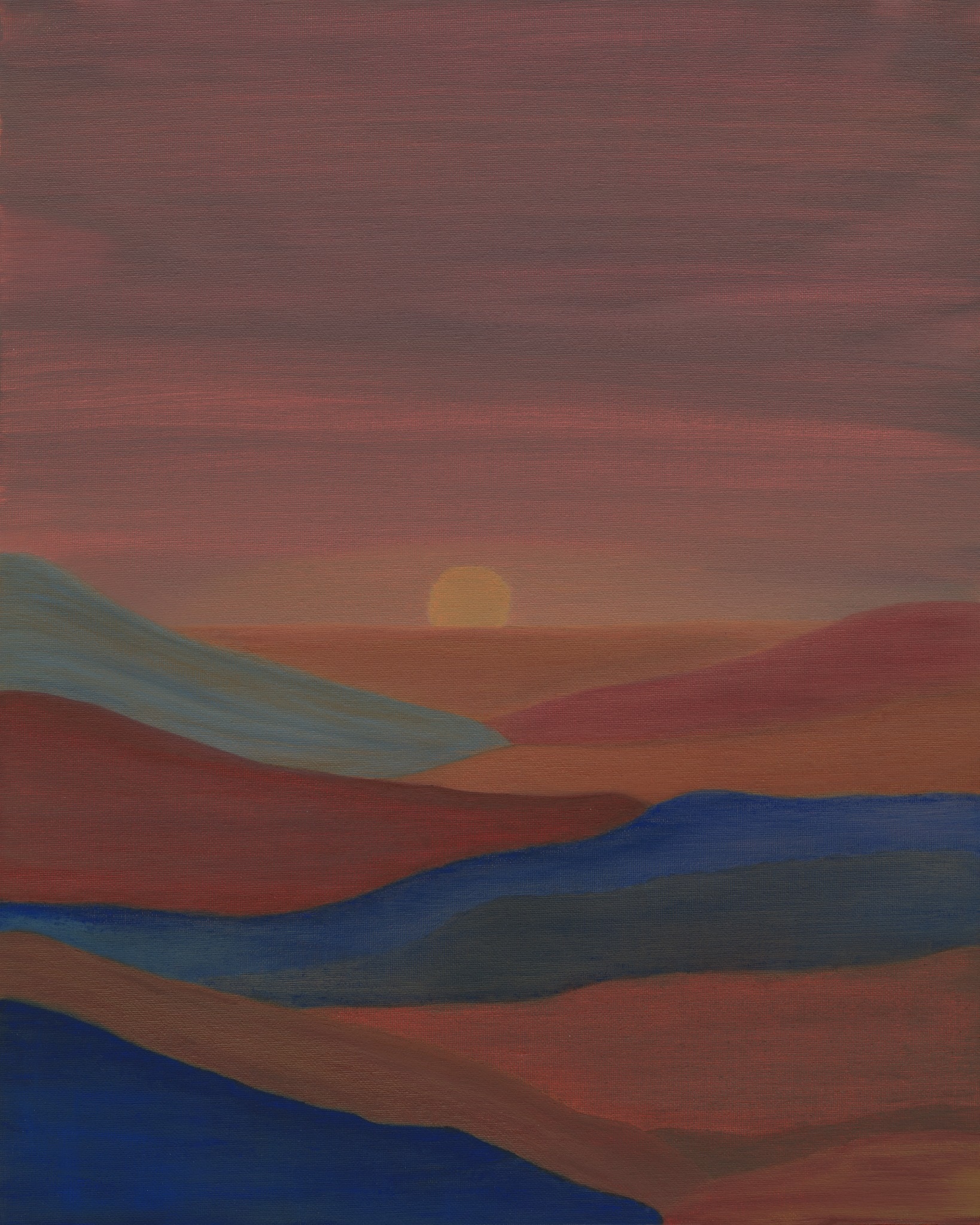 Oil painting by Gaia Lenzi: A setting sun over blue and rust-colored hills