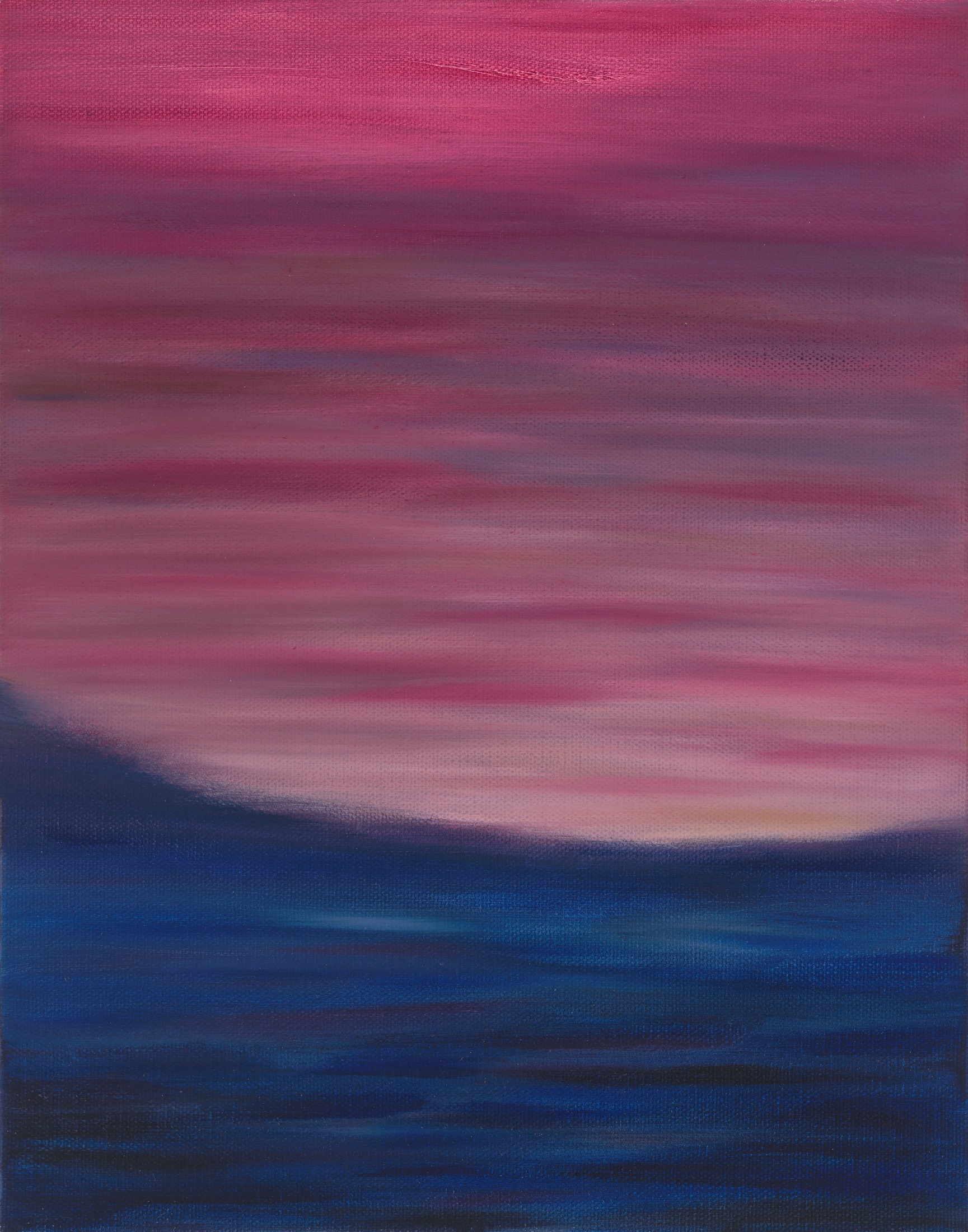 Oil painting by Gaia Lenzi: A magenta sky above deep blue flowing water