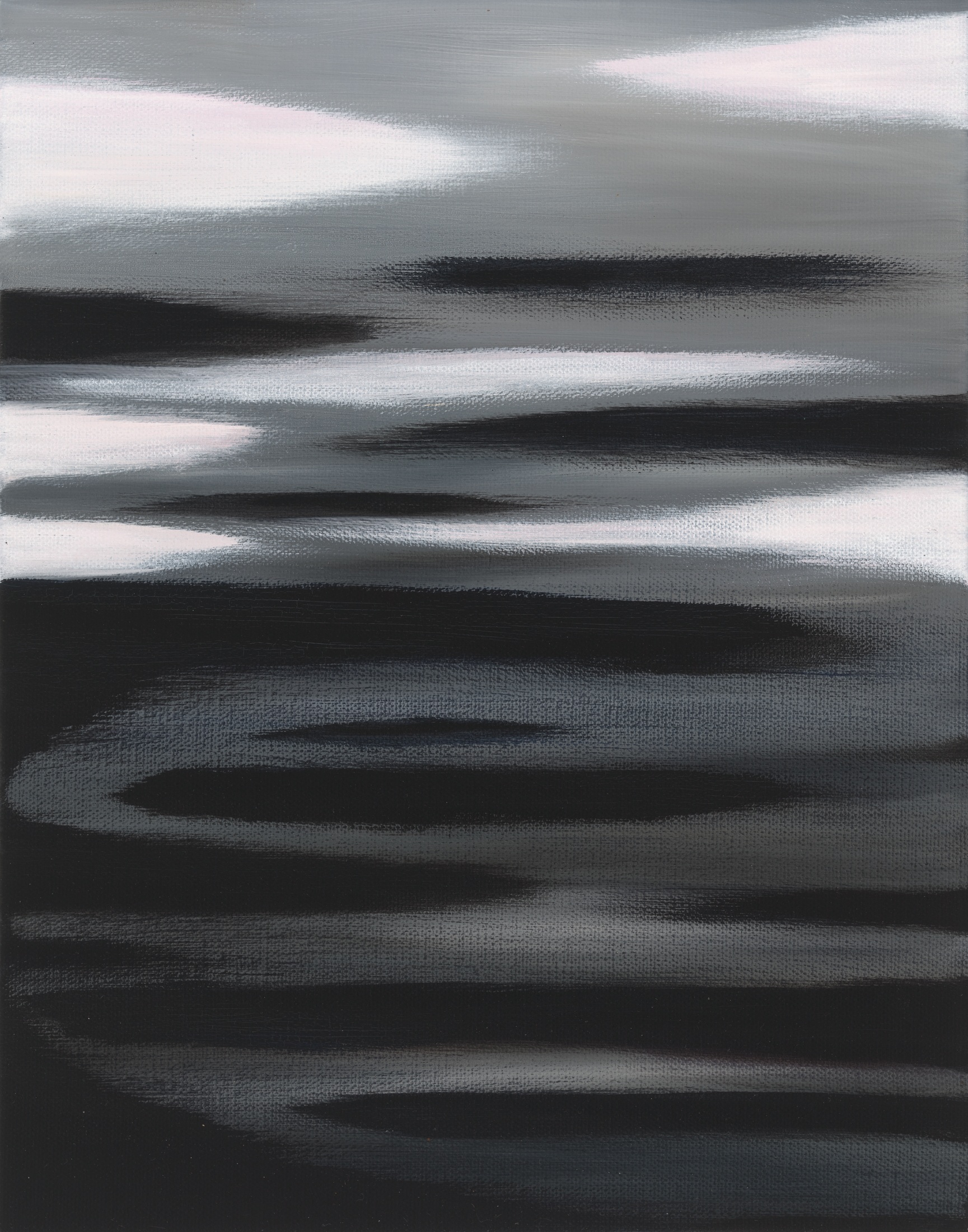 Oil painting by Gaia Lenzi: Black and white waves beneath a pale gray sky