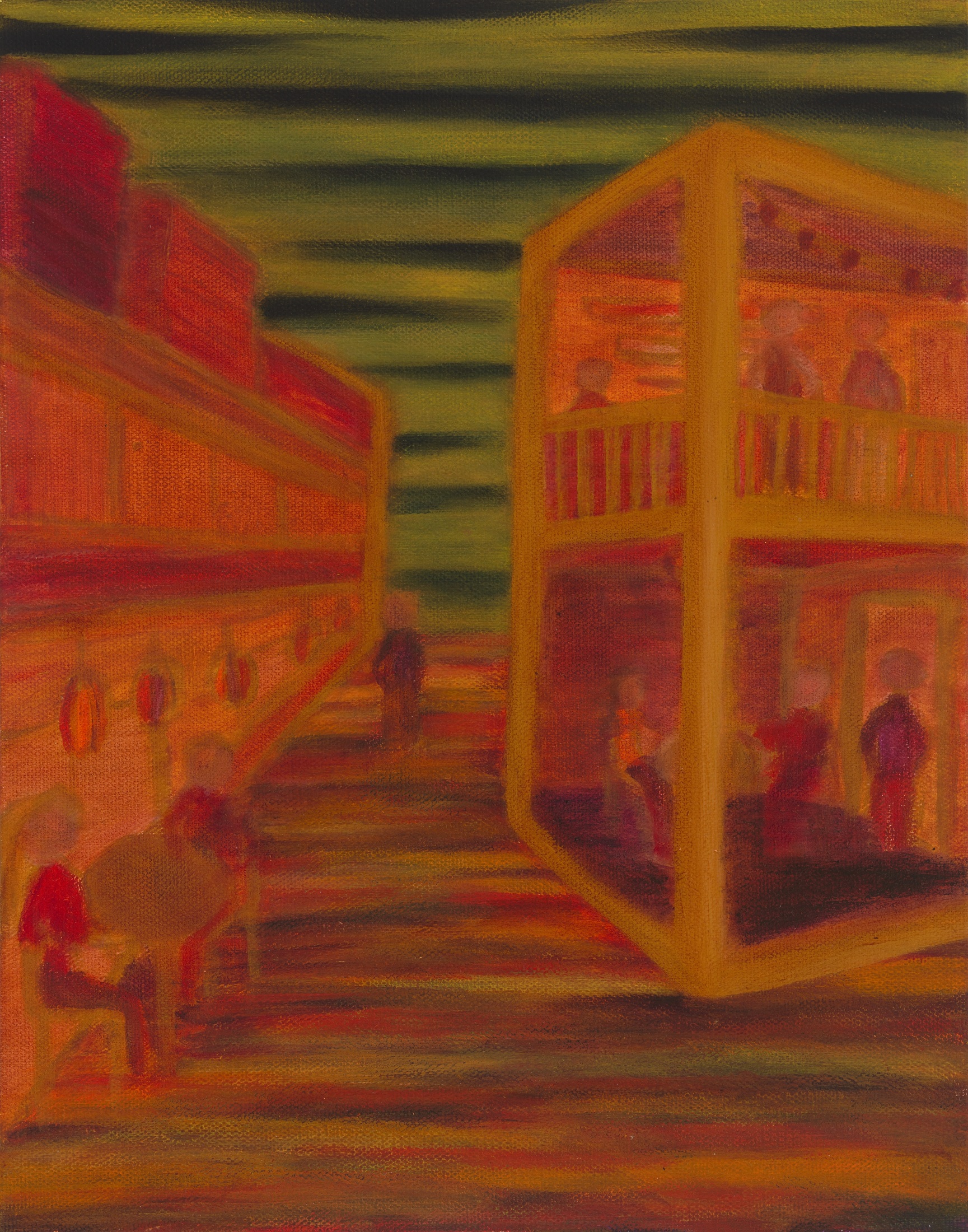 Oil painting by Gaia Lenzi: Red and orange buildings beneath an olive green sky