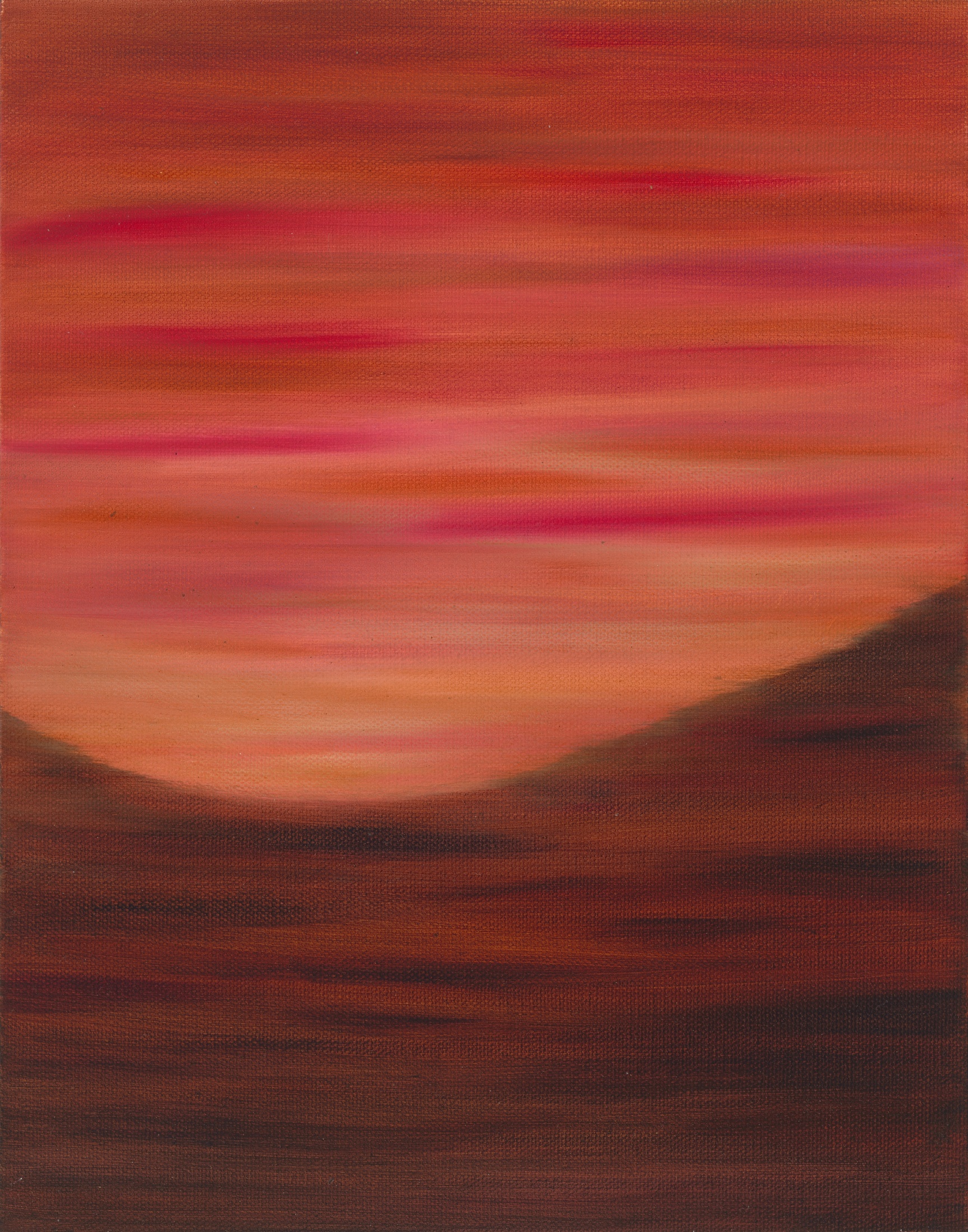 Oil painting by Gaia Lenzi: A red and gold sunset above dark hills