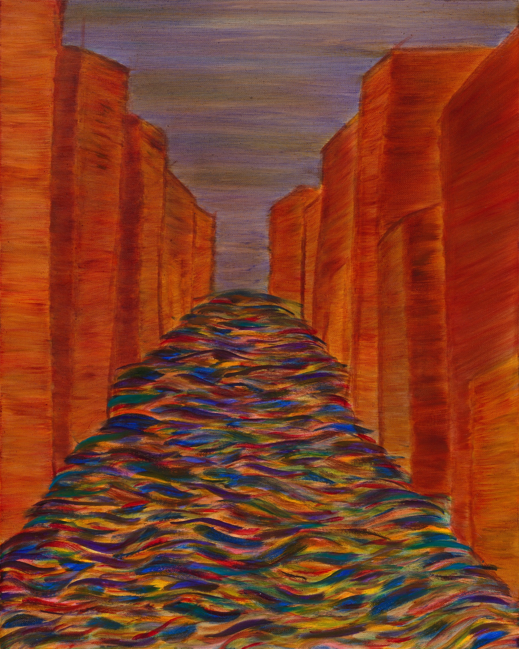 Oil painting of orange canyon walls surrounding a colorful flowing river