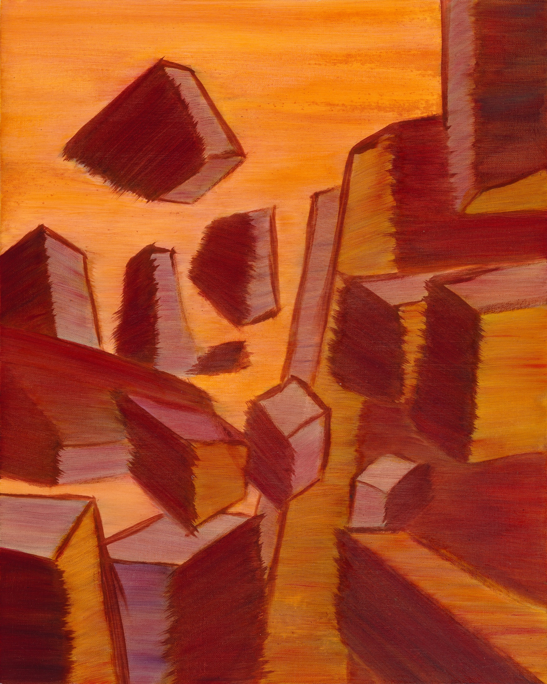 Oil painting by Gaia Lenzi: Floating angular forms in orange, ochre, and burgundy